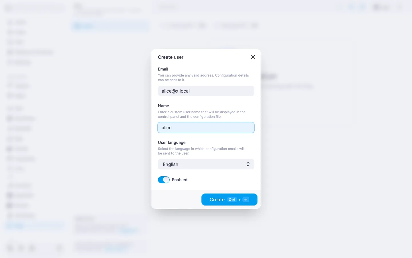 Xray create-user dialog with email `alice@example.com` filled in and the “User language” field set to English