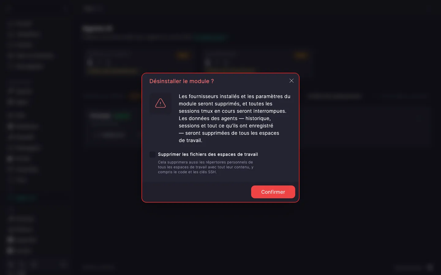 boîte de dialogue de désinstallation du module avec la case « Supprimer les fichiers des espaces de travail », décochée par défaut