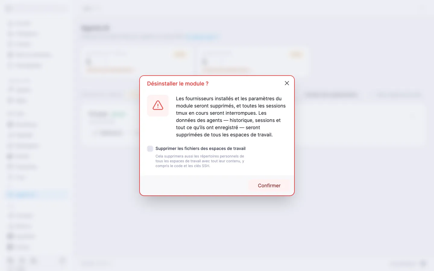 boîte de dialogue de désinstallation du module avec la case « Supprimer les fichiers des espaces de travail », décochée par défaut