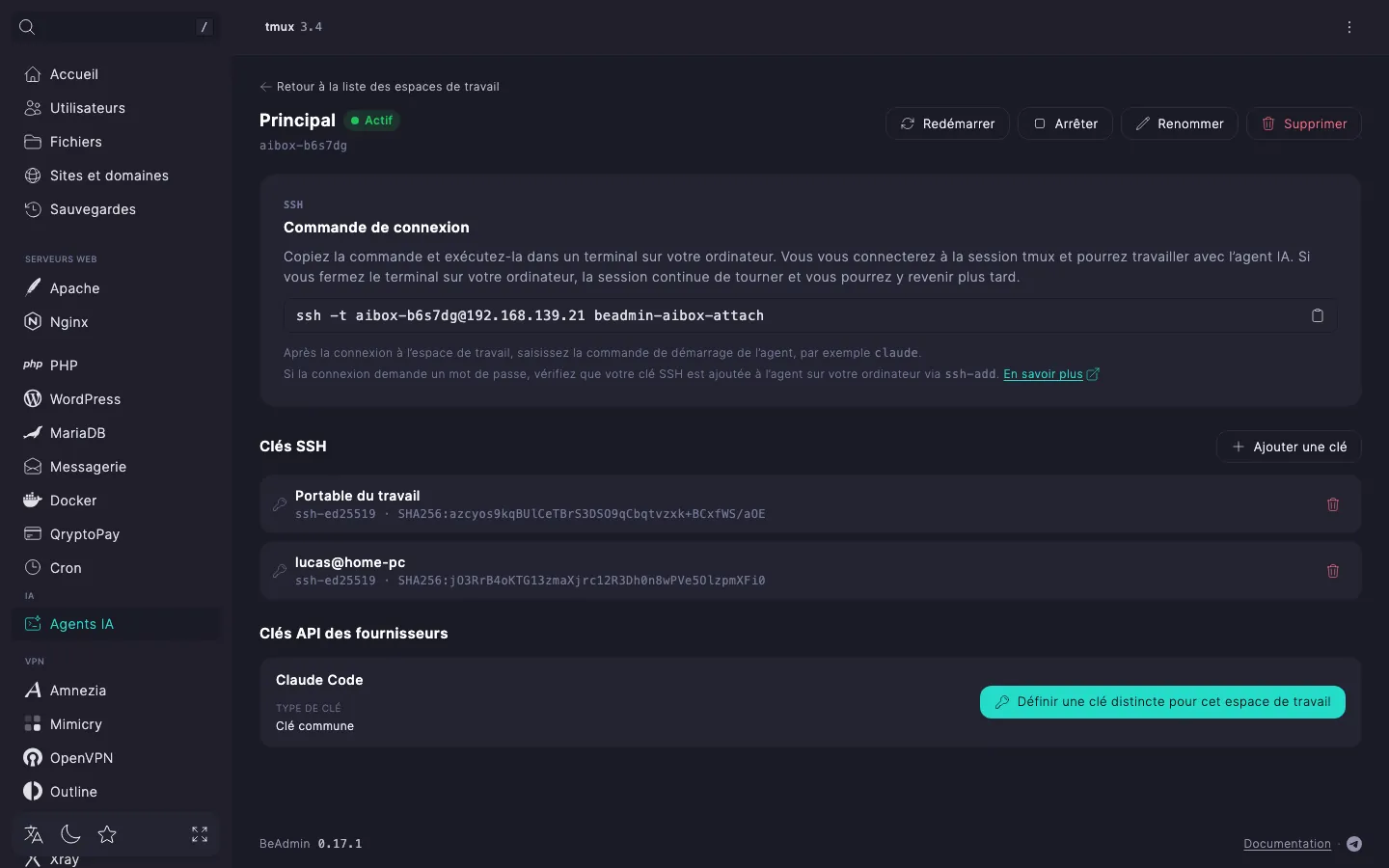 page de l’espace de travail — section « Clés SSH » avec deux clés, chacune avec un commentaire, un type de clé et une empreinte, et le bouton « Ajouter une clé »
