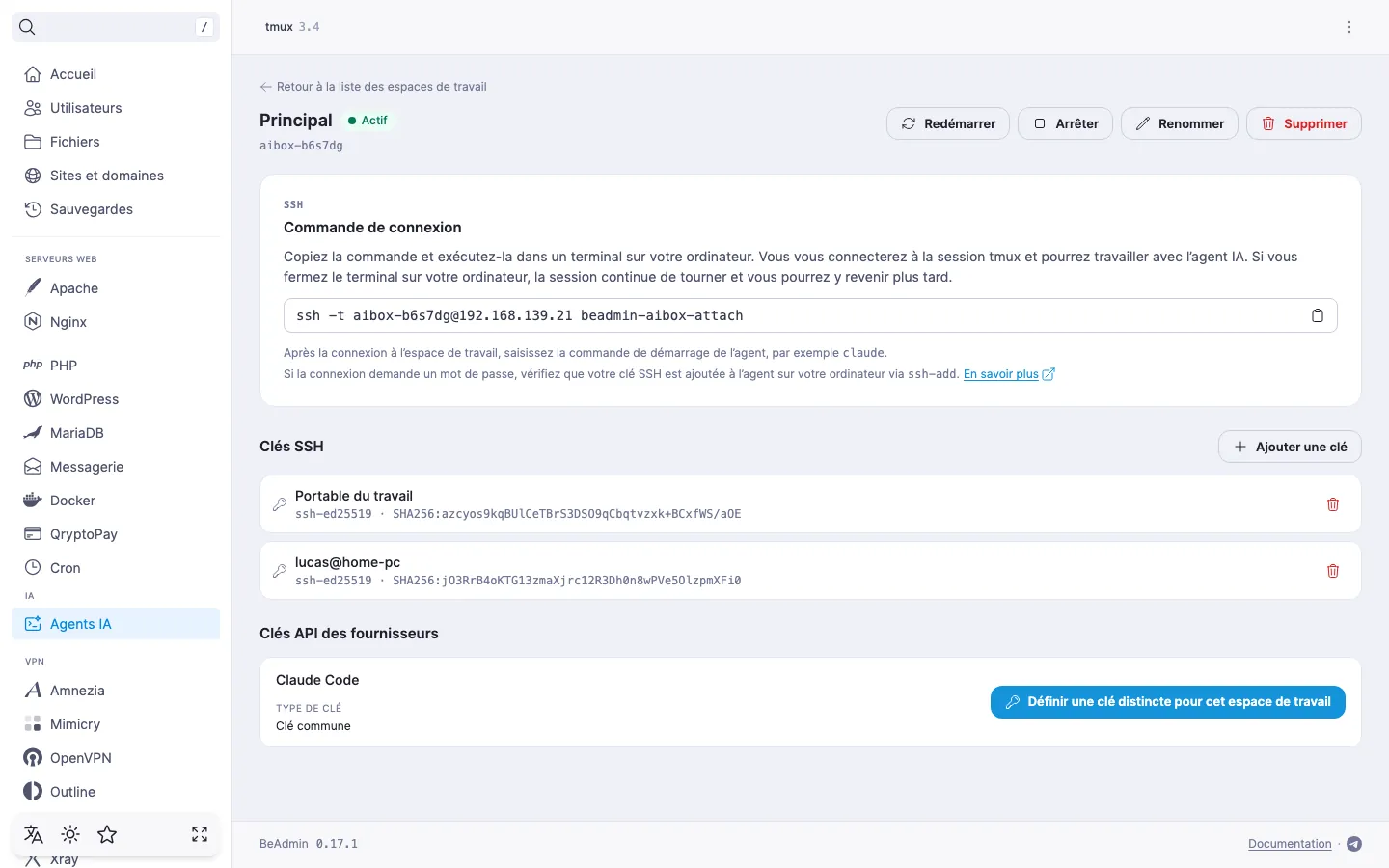 page de l’espace de travail — section « Clés SSH » avec deux clés, chacune avec un commentaire, un type de clé et une empreinte, et le bouton « Ajouter une clé »