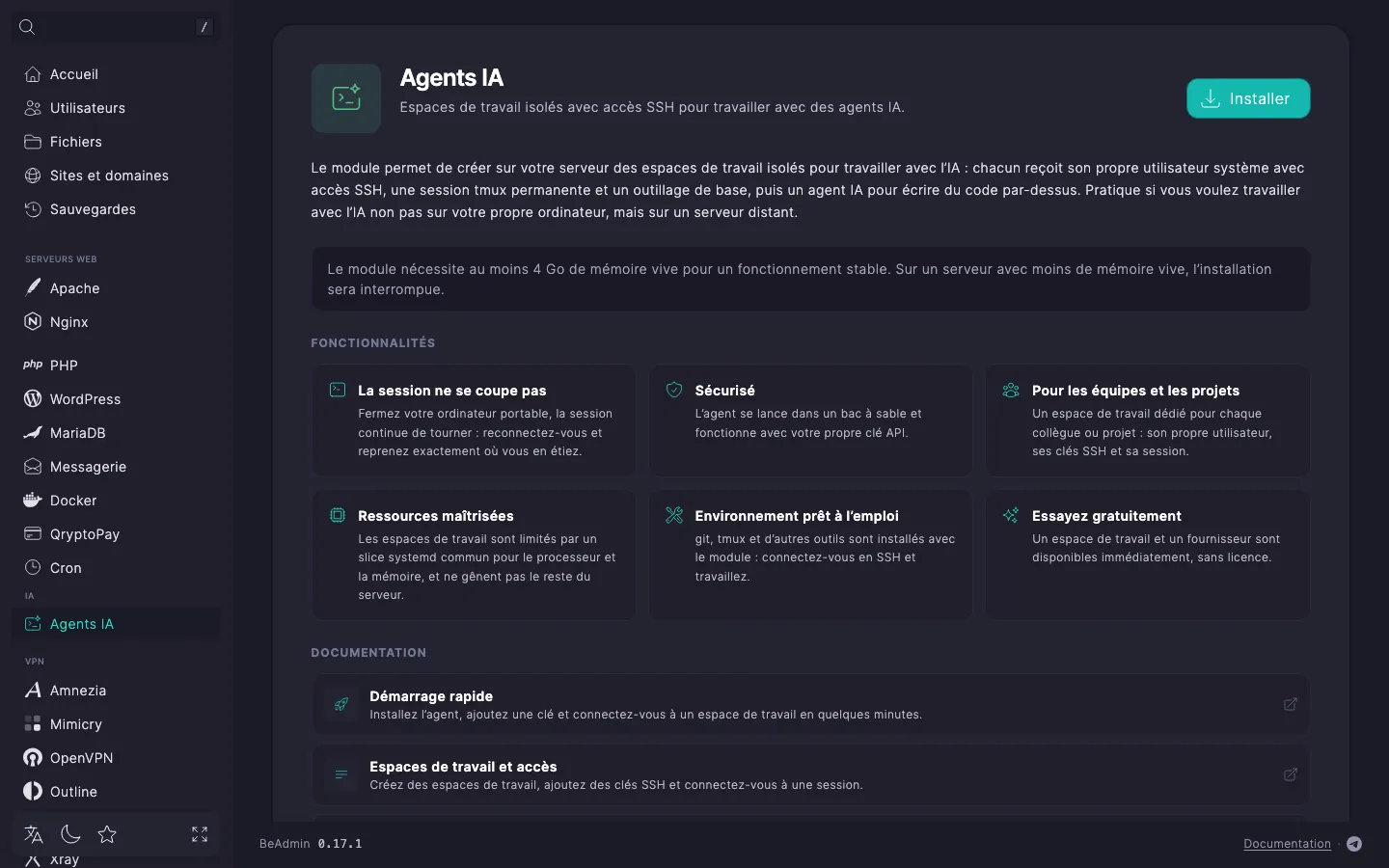 page du module « Agents IA » avant l’installation — description du module, exigence de mémoire vive et bouton « Installer »