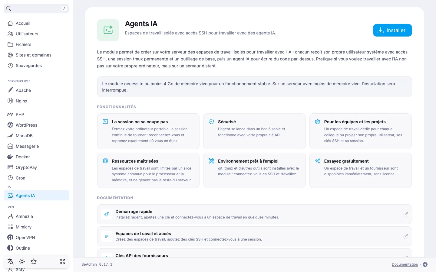 page du module « Agents IA » avant l’installation — description du module, exigence de mémoire vive et bouton « Installer »