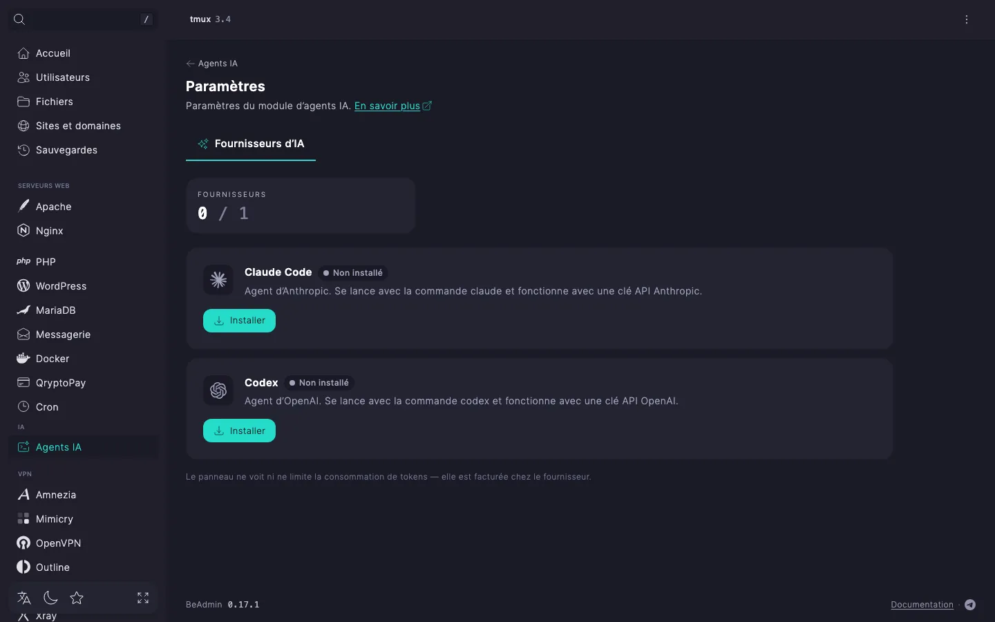 paramètres du module, onglet « Fournisseurs d’IA » — fiche de Claude Code à l’état « Non installé » avec le bouton « Installer »