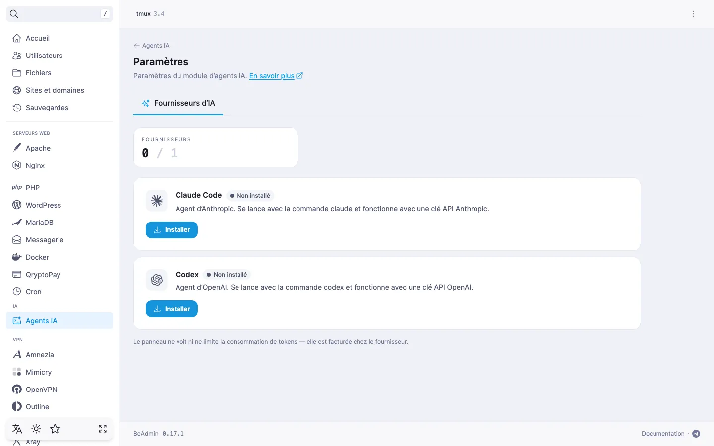 paramètres du module, onglet « Fournisseurs d’IA » — fiche de Claude Code à l’état « Non installé » avec le bouton « Installer »