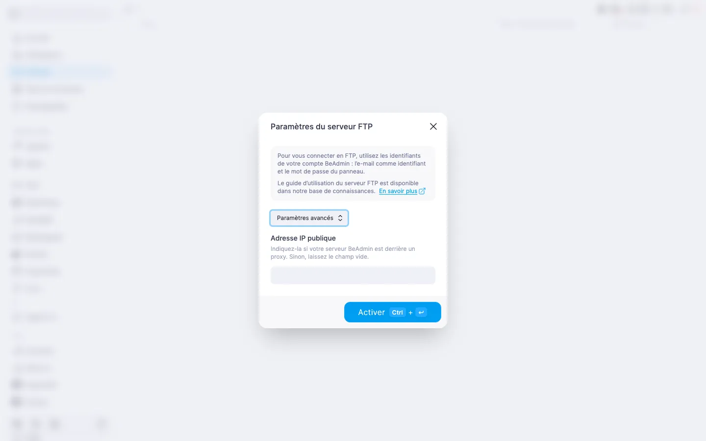 Boîte de dialogue « Paramètres du serveur FTP » avec le bloc « Paramètres avancés » déplié et le champ « Adresse IP publique »
