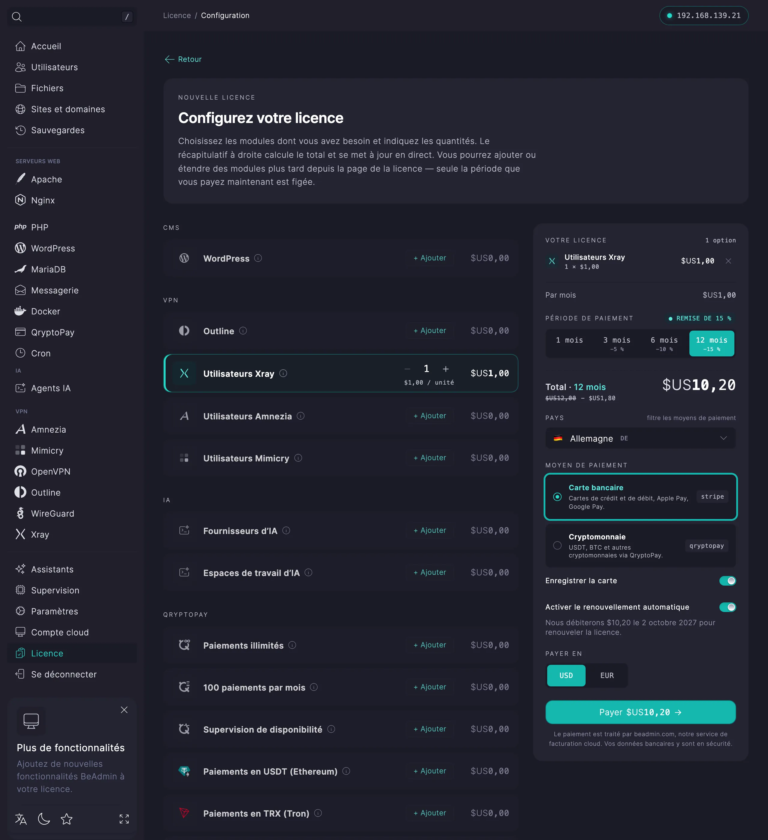 Configuration d’une nouvelle licence : choix des modules, période de paiement et moyen de paiement, avec le récapitulatif et le total à droite