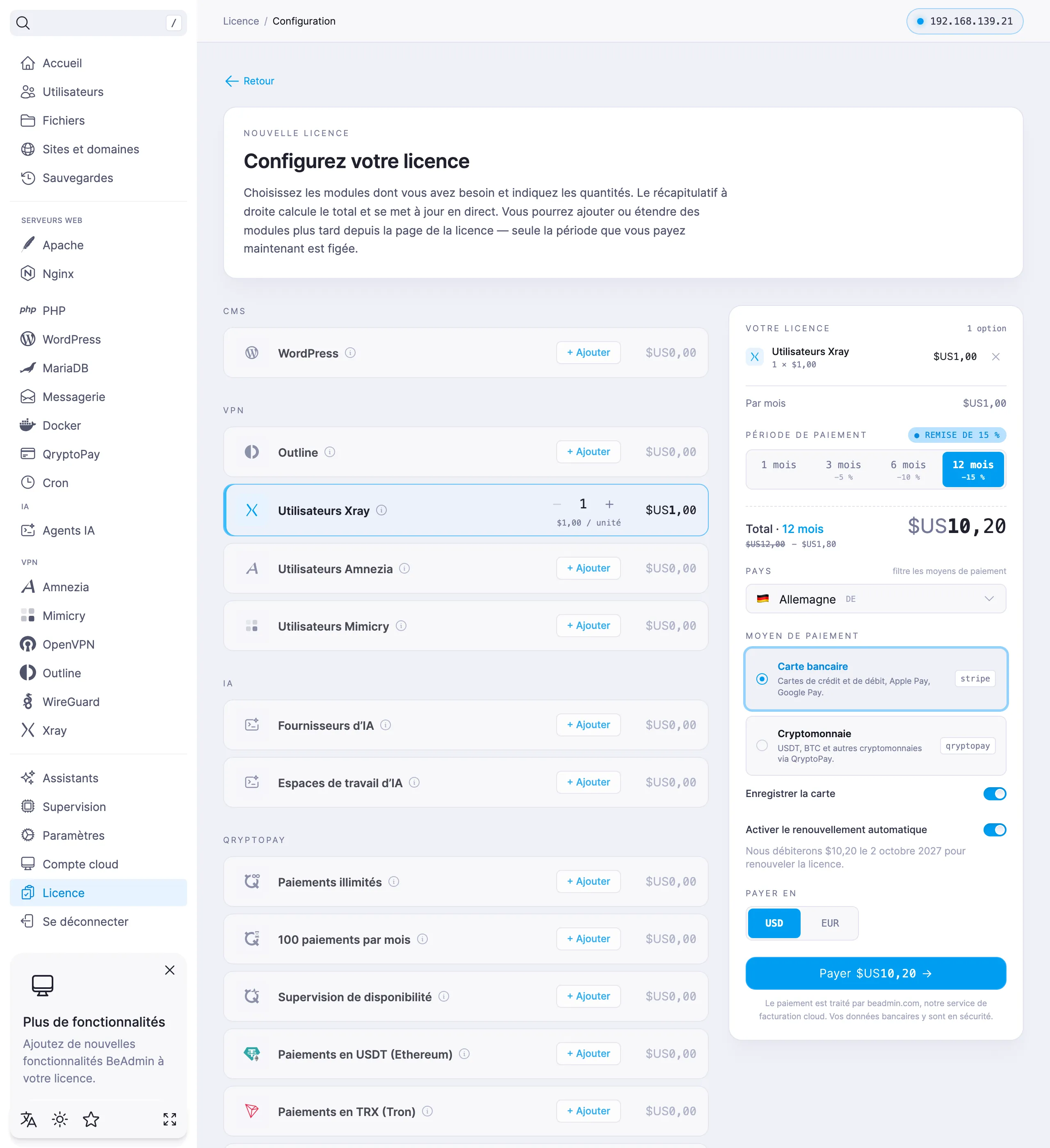 Configuration d’une nouvelle licence : choix des modules, période de paiement et moyen de paiement, avec le récapitulatif et le total à droite