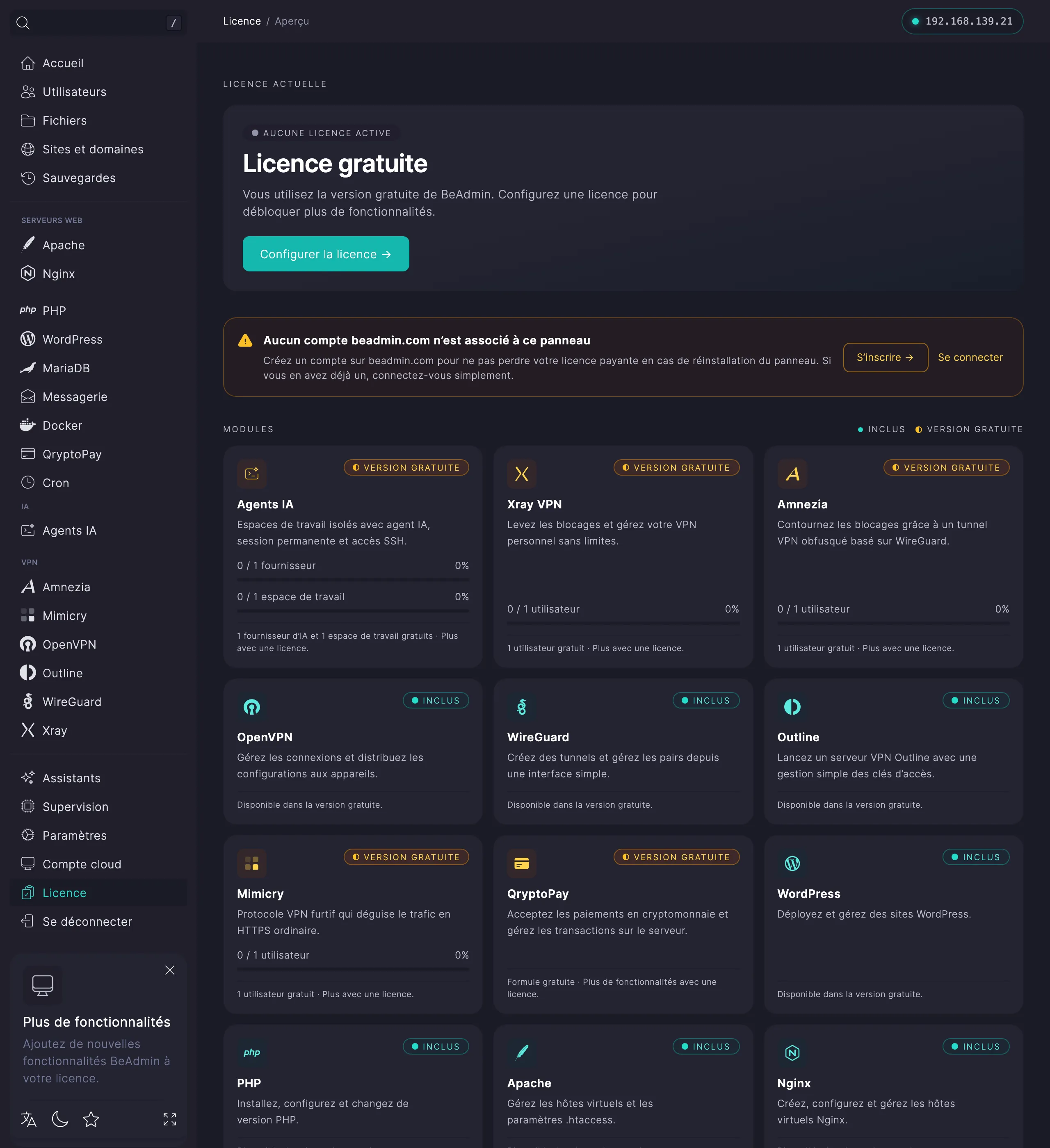 Page « Licence » en version gratuite : bouton « Configurer la licence » dans l’en-tête et liste des modules