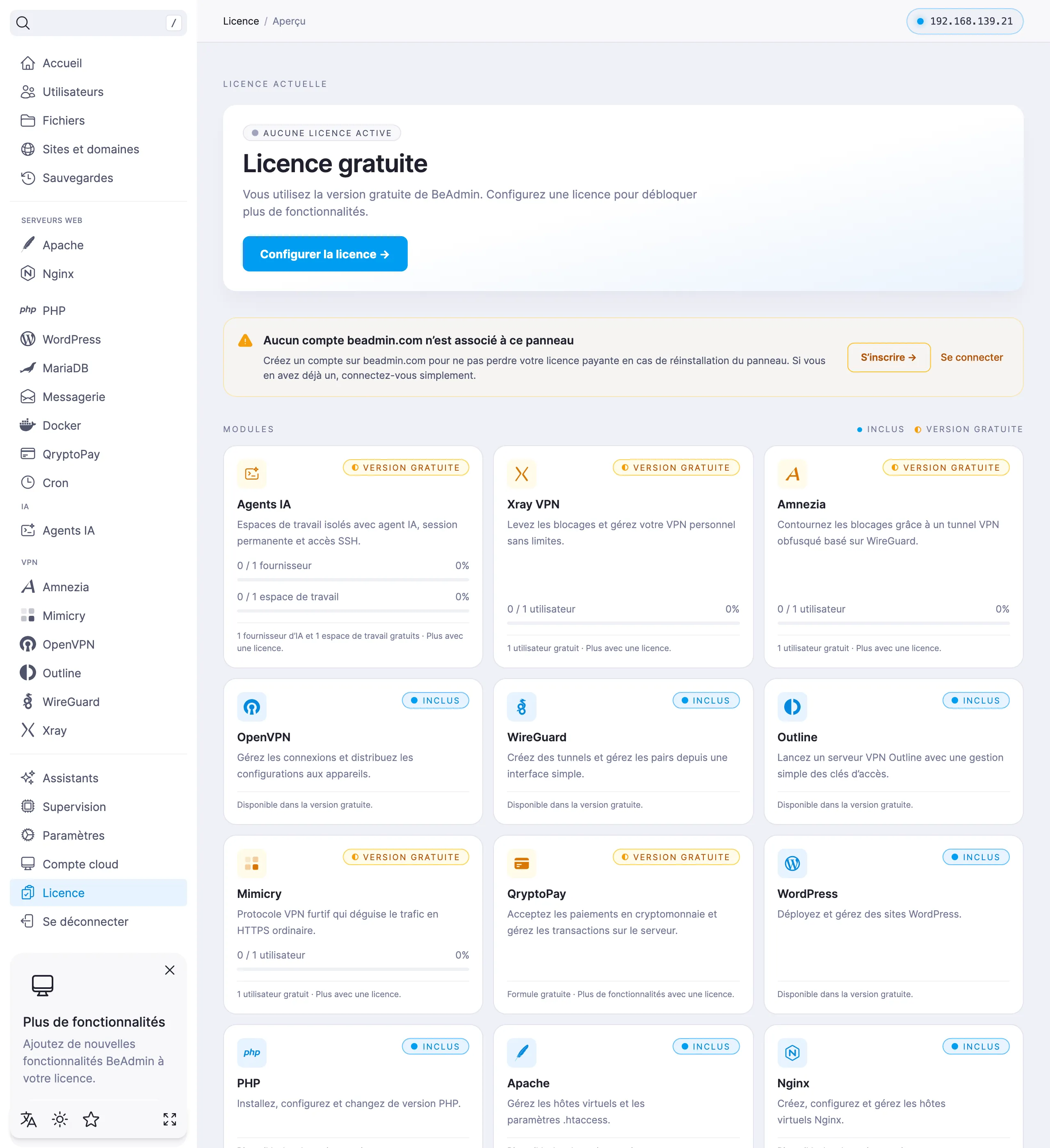 Page « Licence » en version gratuite : bouton « Configurer la licence » dans l’en-tête et liste des modules