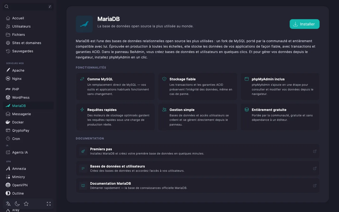 Page du module MariaDB avant l’installation, avec le bouton « Installer »