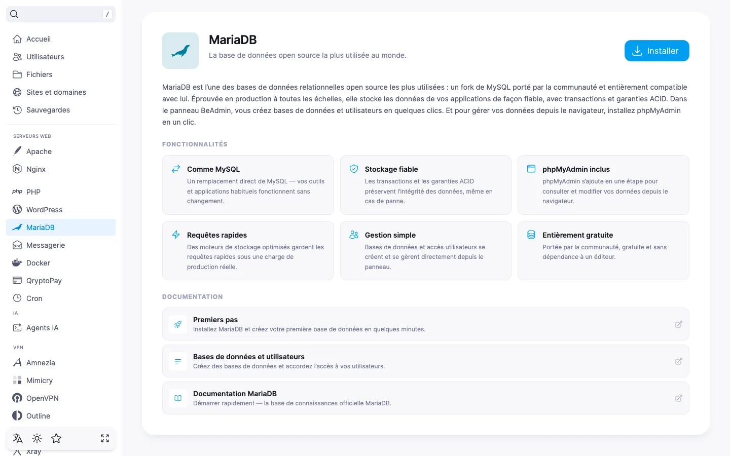 Page du module MariaDB avant l’installation, avec le bouton « Installer »