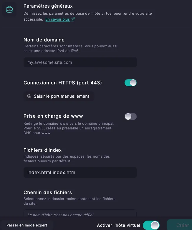 Commutateur « Connexion en HTTPS (port 443) » dans le formulaire de création d’un hôte virtuel