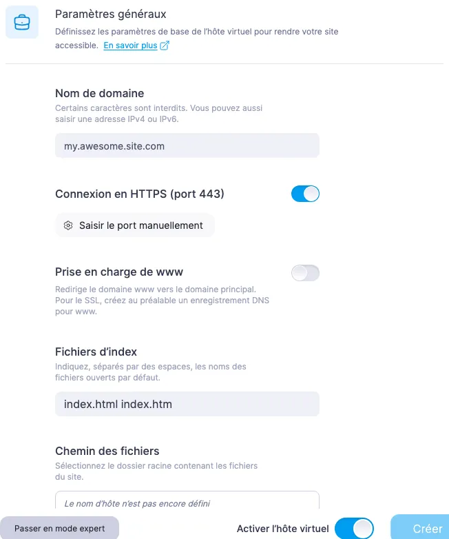 Commutateur « Connexion en HTTPS (port 443) » dans le formulaire de création d’un hôte virtuel