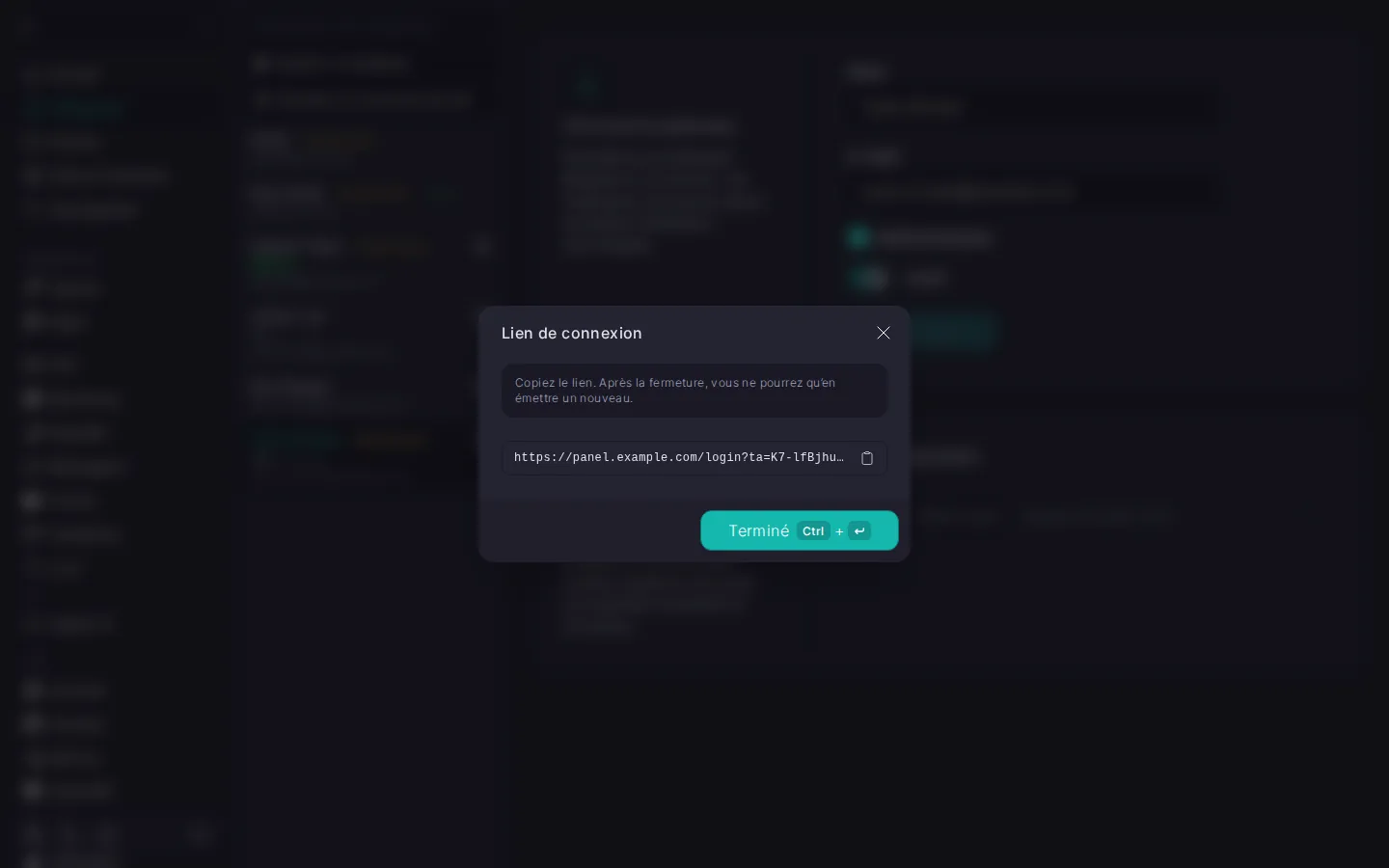 fenêtre « Lien de connexion » avec le lien émis