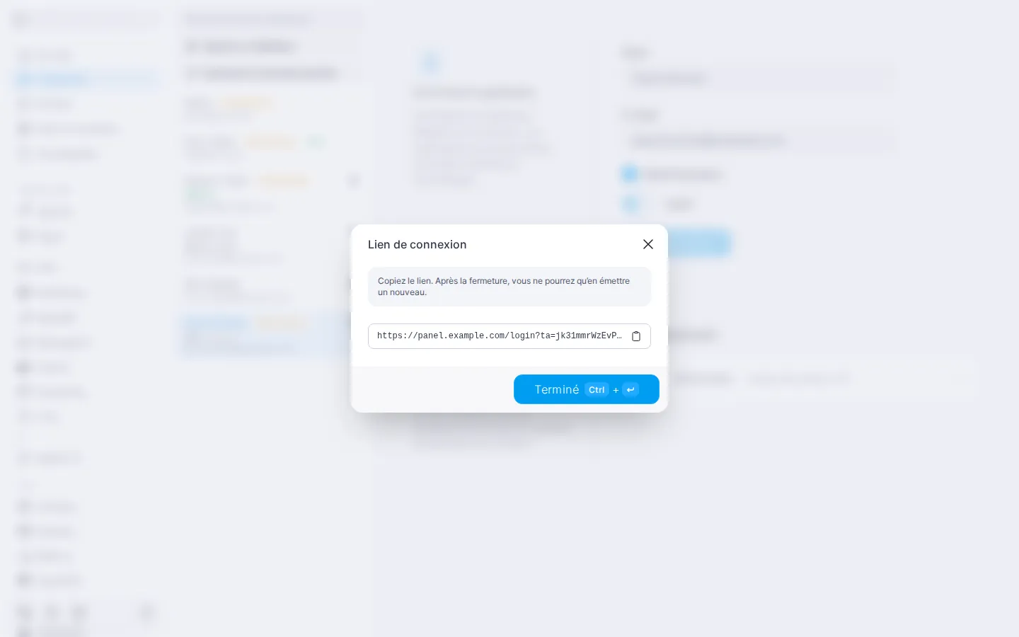 fenêtre « Lien de connexion » avec le lien émis