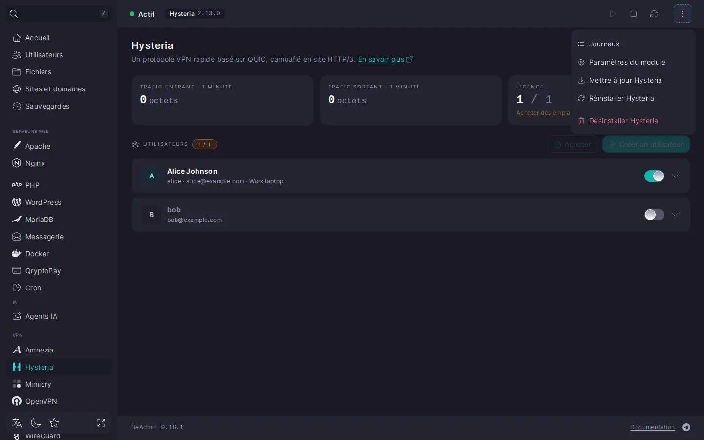 Menu d’actions déplié du module Hysteria avec les entrées « Journaux », « Paramètres du module », « Mettre à jour Hysteria », « Réinstaller Hysteria » et « Désinstaller Hysteria »