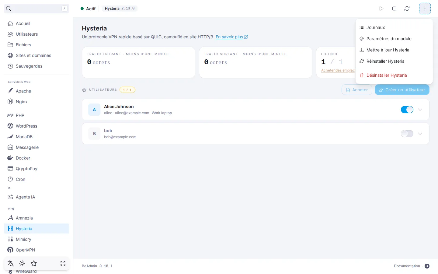 Menu d’actions déplié du module Hysteria avec les entrées « Journaux », « Paramètres du module », « Mettre à jour Hysteria », « Réinstaller Hysteria » et « Désinstaller Hysteria »