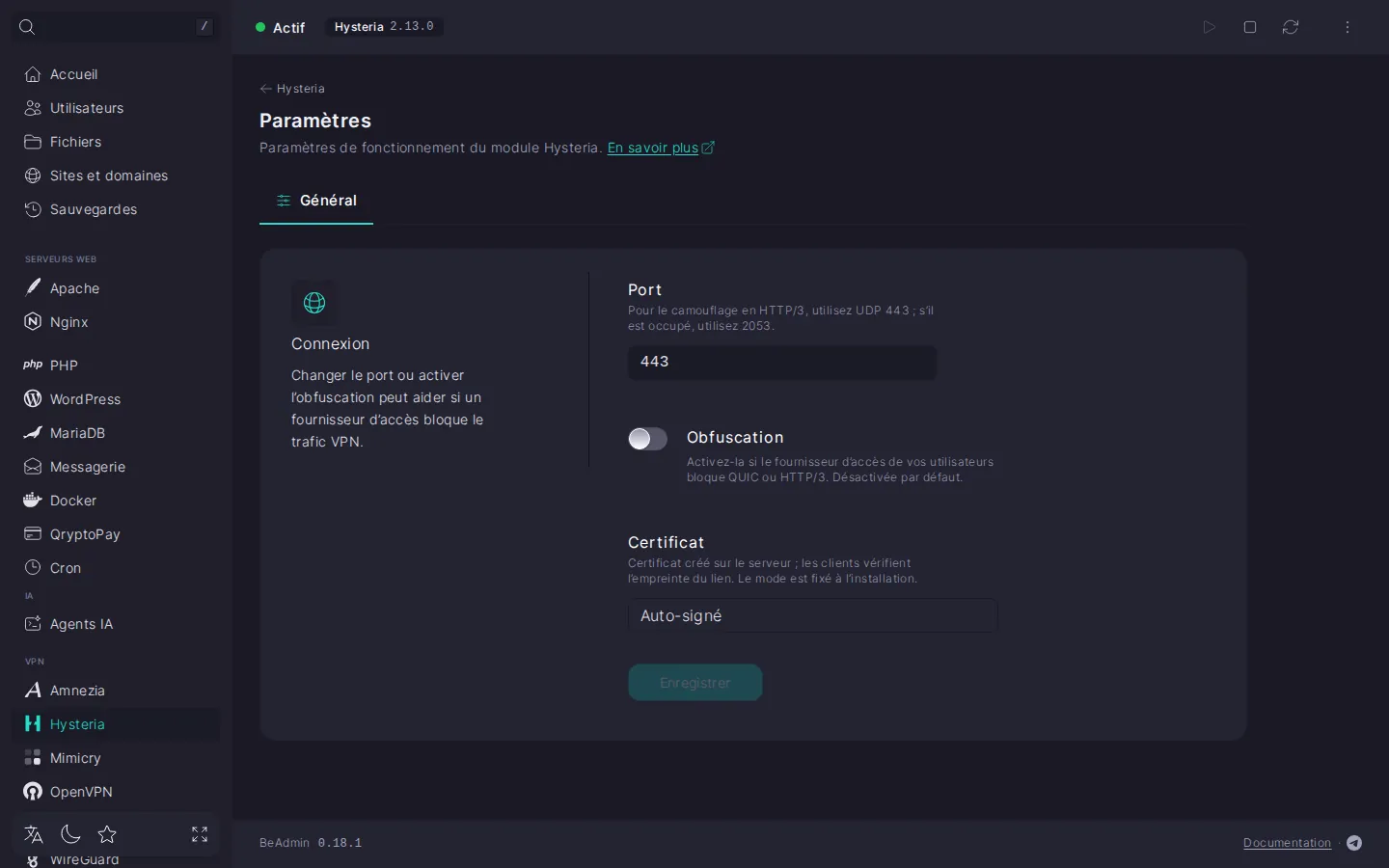 Groupe « Connexion » de la page « Général » du module Hysteria : champ « Port », commutateur « Obfuscation » et valeur « Certificat »