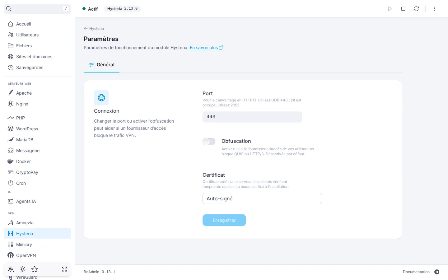 Groupe « Connexion » de la page « Général » du module Hysteria : champ « Port », commutateur « Obfuscation » et valeur « Certificat »