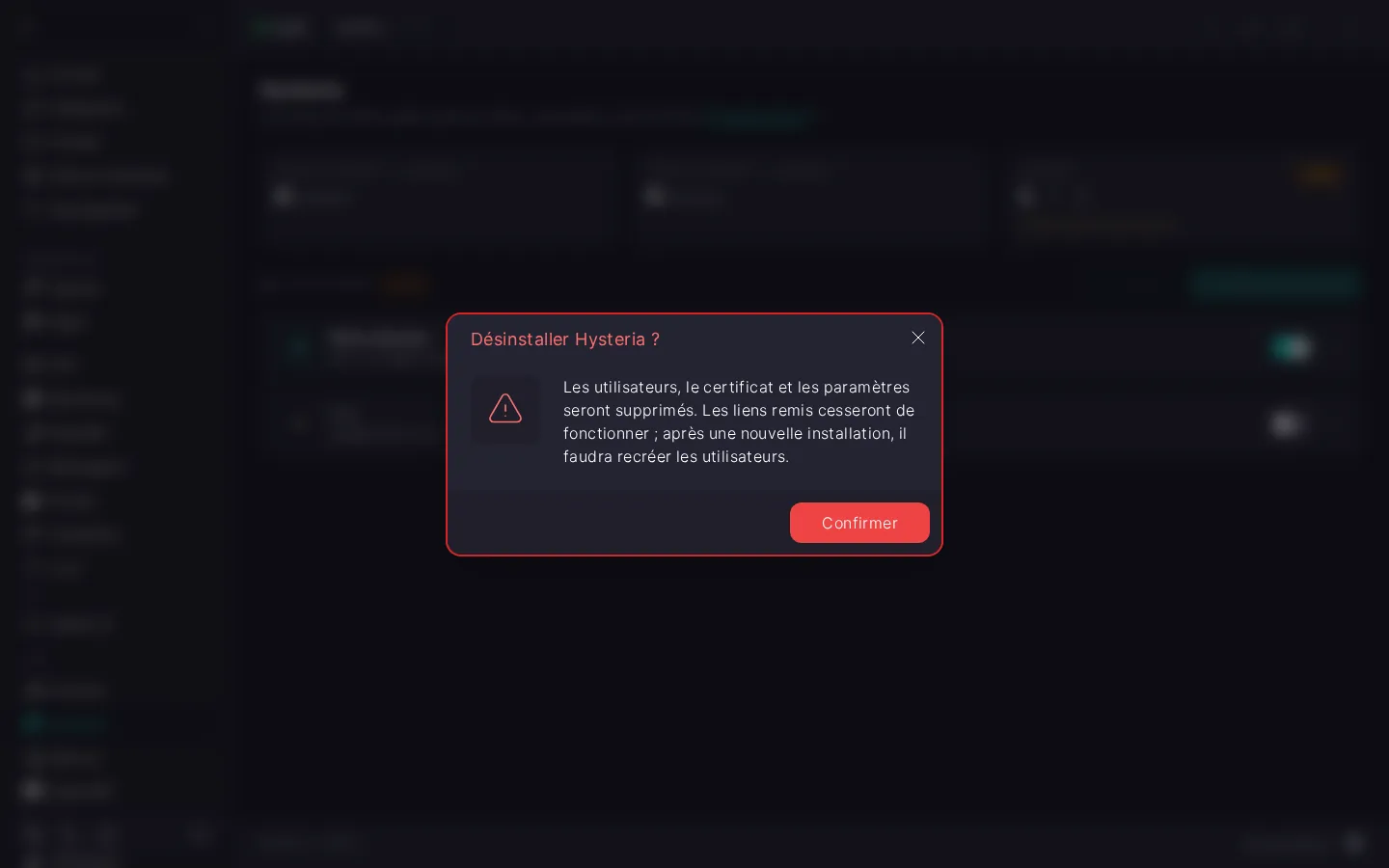 Boîte de dialogue de confirmation de la désinstallation du module Hysteria, avec un avertissement et le bouton « Confirmer »