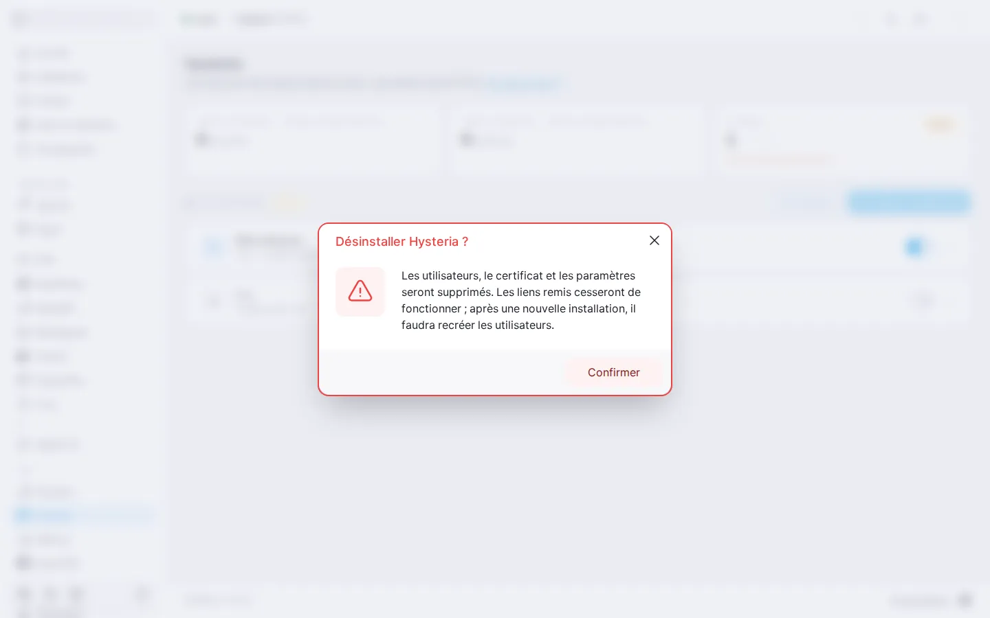 Boîte de dialogue de confirmation de la désinstallation du module Hysteria, avec un avertissement et le bouton « Confirmer »