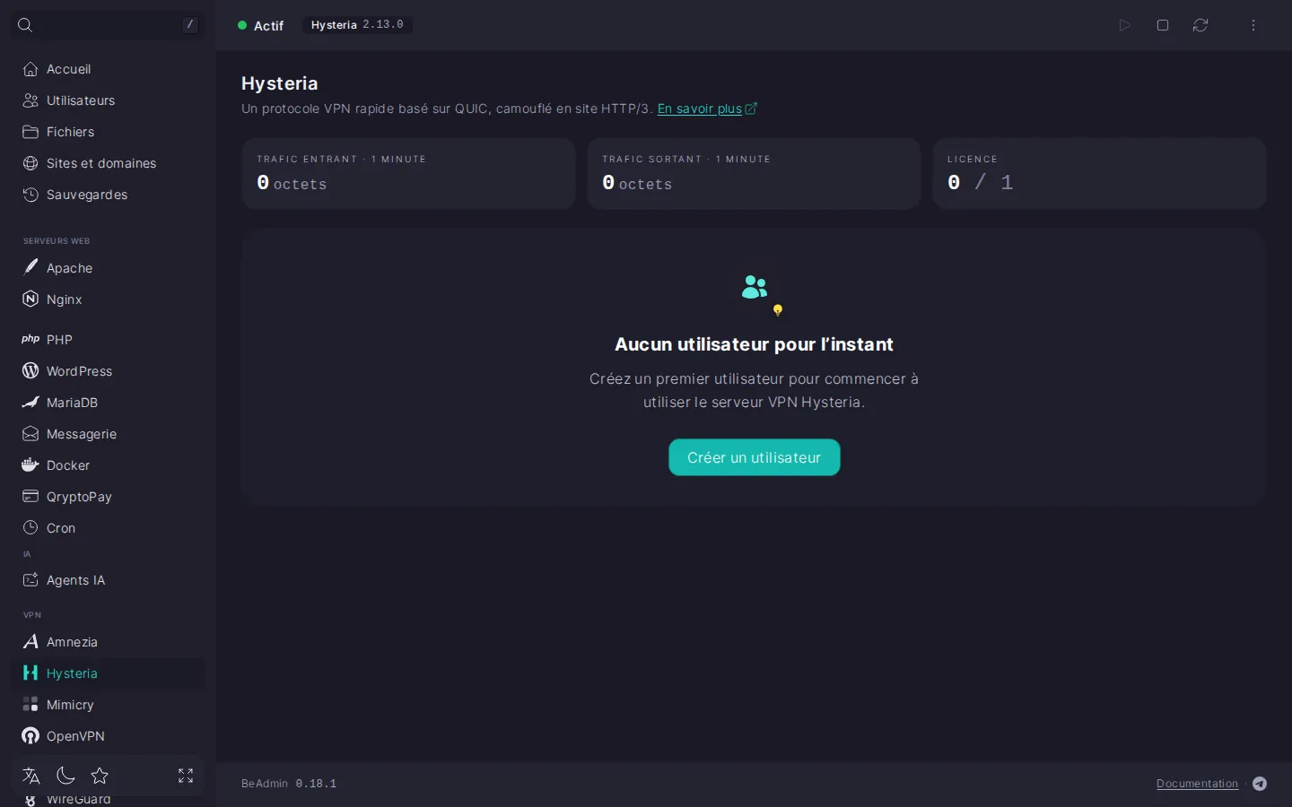 Page du module Hysteria juste après l’installation : état du service, tuiles de trafic et de licence, carte vide avec le bouton « Créer un utilisateur »
