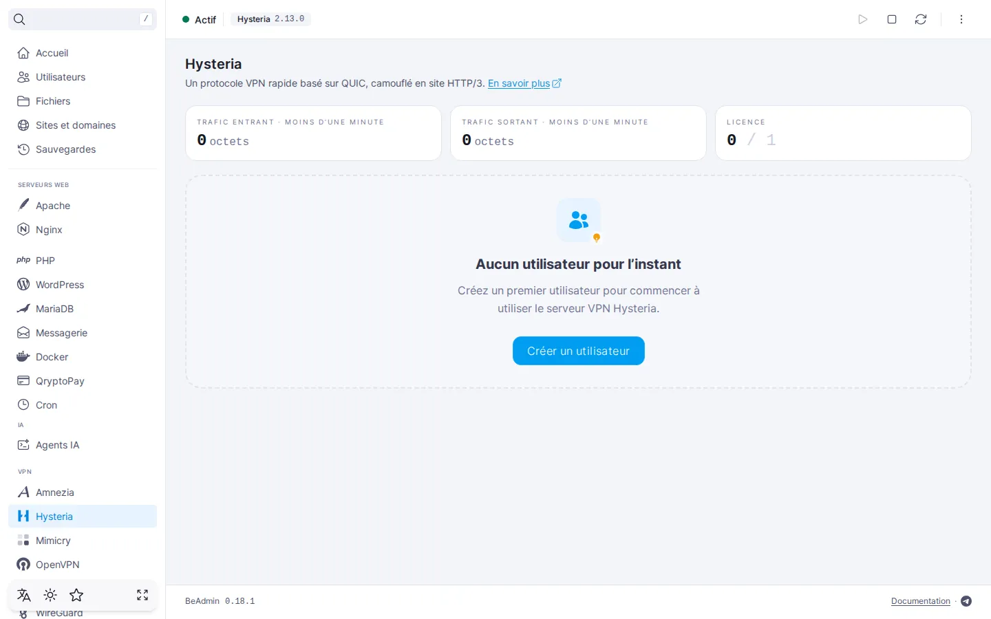 Page du module Hysteria juste après l’installation : état du service, tuiles de trafic et de licence, carte vide avec le bouton « Créer un utilisateur »