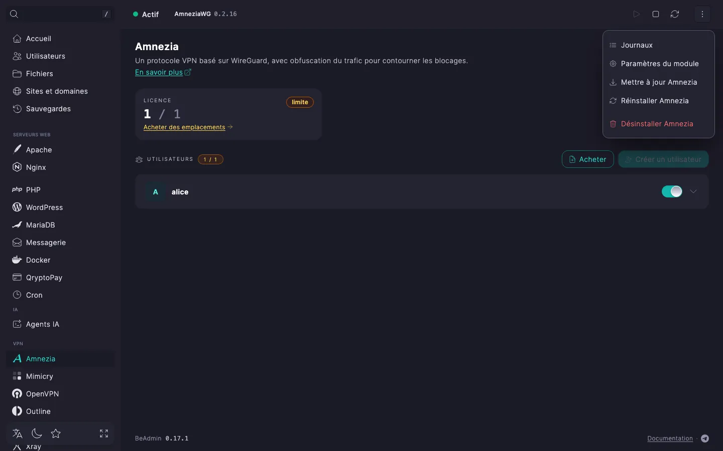 Menu d’actions du module Amnezia déplié, avec les entrées « Journaux », « Paramètres du module », « Mettre à jour Amnezia », « Réinstaller Amnezia » et « Désinstaller Amnezia »