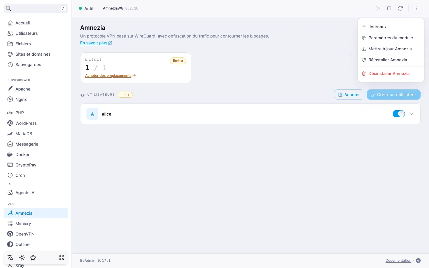 Menu d’actions du module Amnezia déplié, avec les entrées « Journaux », « Paramètres du module », « Mettre à jour Amnezia », « Réinstaller Amnezia » et « Désinstaller Amnezia »