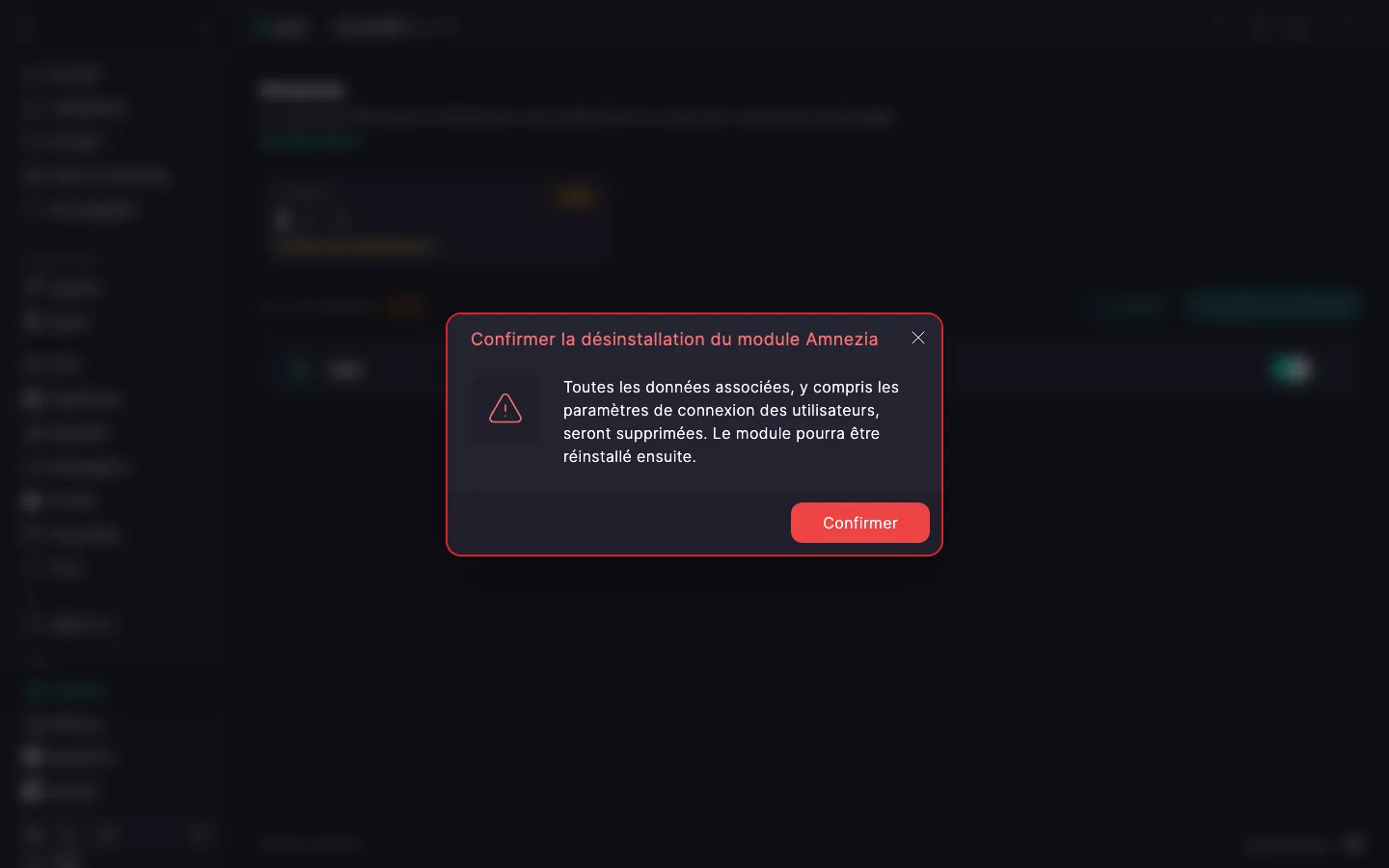 Boîte de dialogue de confirmation de la désinstallation du module Amnezia, avec un avertissement et le bouton « Confirmer »