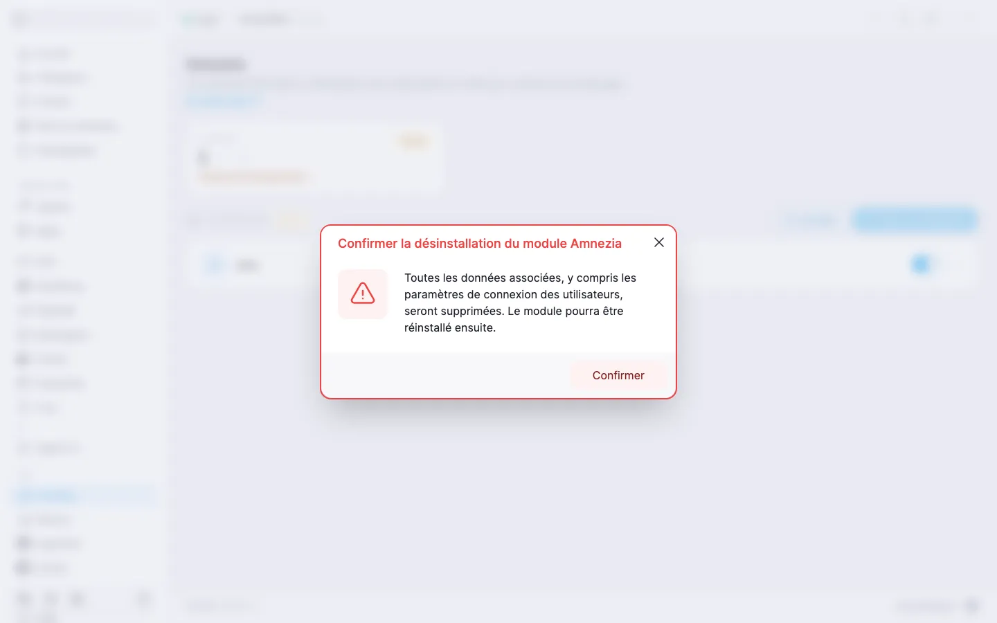 Boîte de dialogue de confirmation de la désinstallation du module Amnezia, avec un avertissement et le bouton « Confirmer »