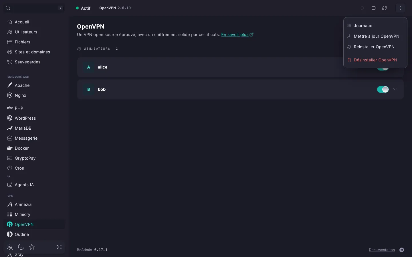 Menu d’actions déplié du module OpenVPN avec les entrées « Journaux », « Mettre à jour OpenVPN », « Réinstaller OpenVPN » et « Désinstaller OpenVPN »
