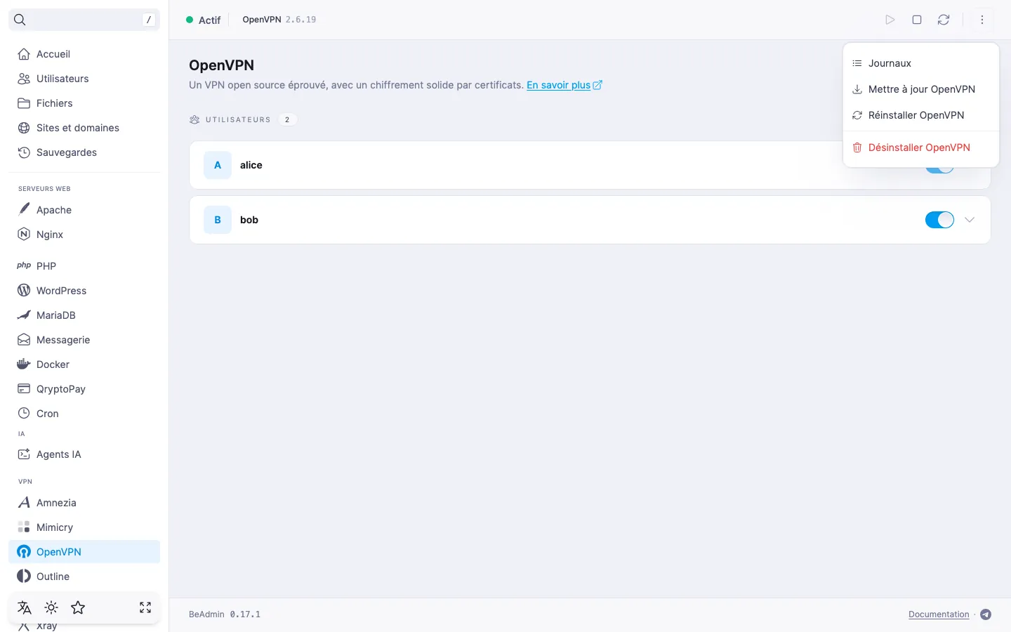 Menu d’actions déplié du module OpenVPN avec les entrées « Journaux », « Mettre à jour OpenVPN », « Réinstaller OpenVPN » et « Désinstaller OpenVPN »