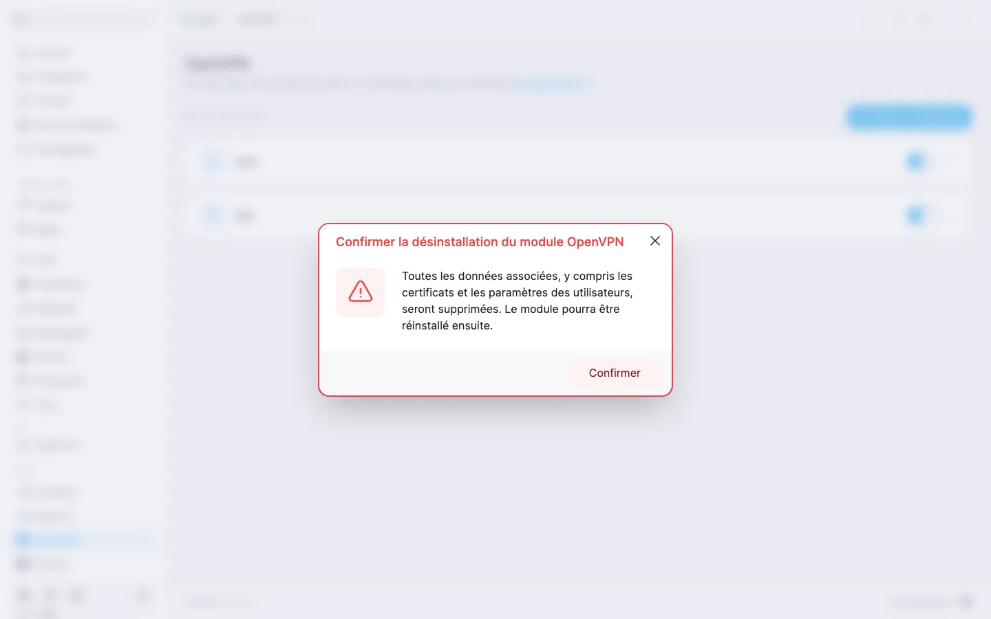 Boîte de dialogue de confirmation de la désinstallation du module OpenVPN, avec un avertissement et le bouton « Confirmer »