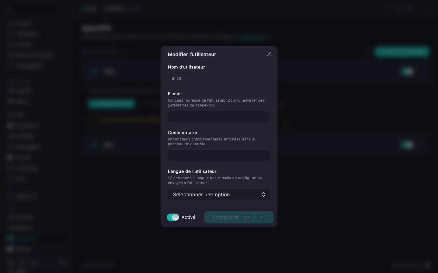 Boîte de dialogue de modification d’un utilisateur OpenVPN avec la liste déroulante « Langue de l’utilisateur » réglée sur « Anglais »