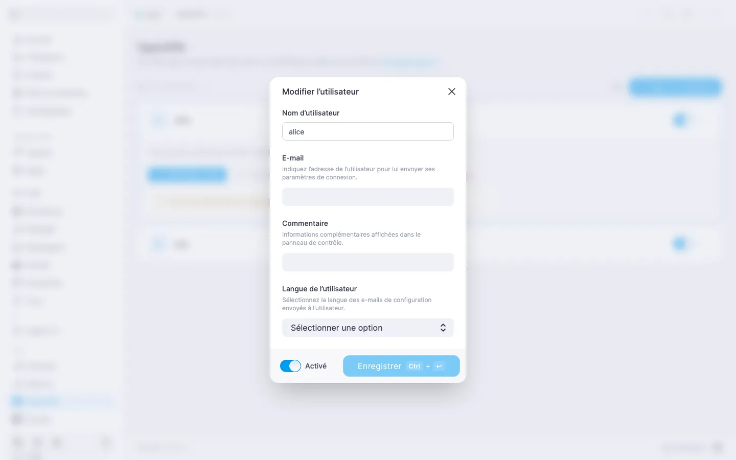 Boîte de dialogue de modification d’un utilisateur OpenVPN avec la liste déroulante « Langue de l’utilisateur » réglée sur « Anglais »
