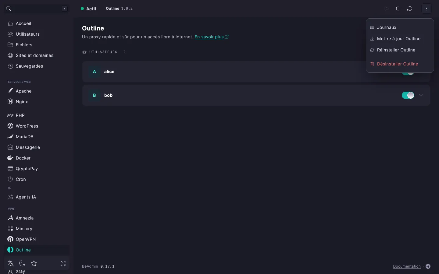 Menu d’actions du module Outline déplié, avec les entrées « Journaux », « Mettre à jour Outline », « Réinstaller Outline » et « Désinstaller Outline »