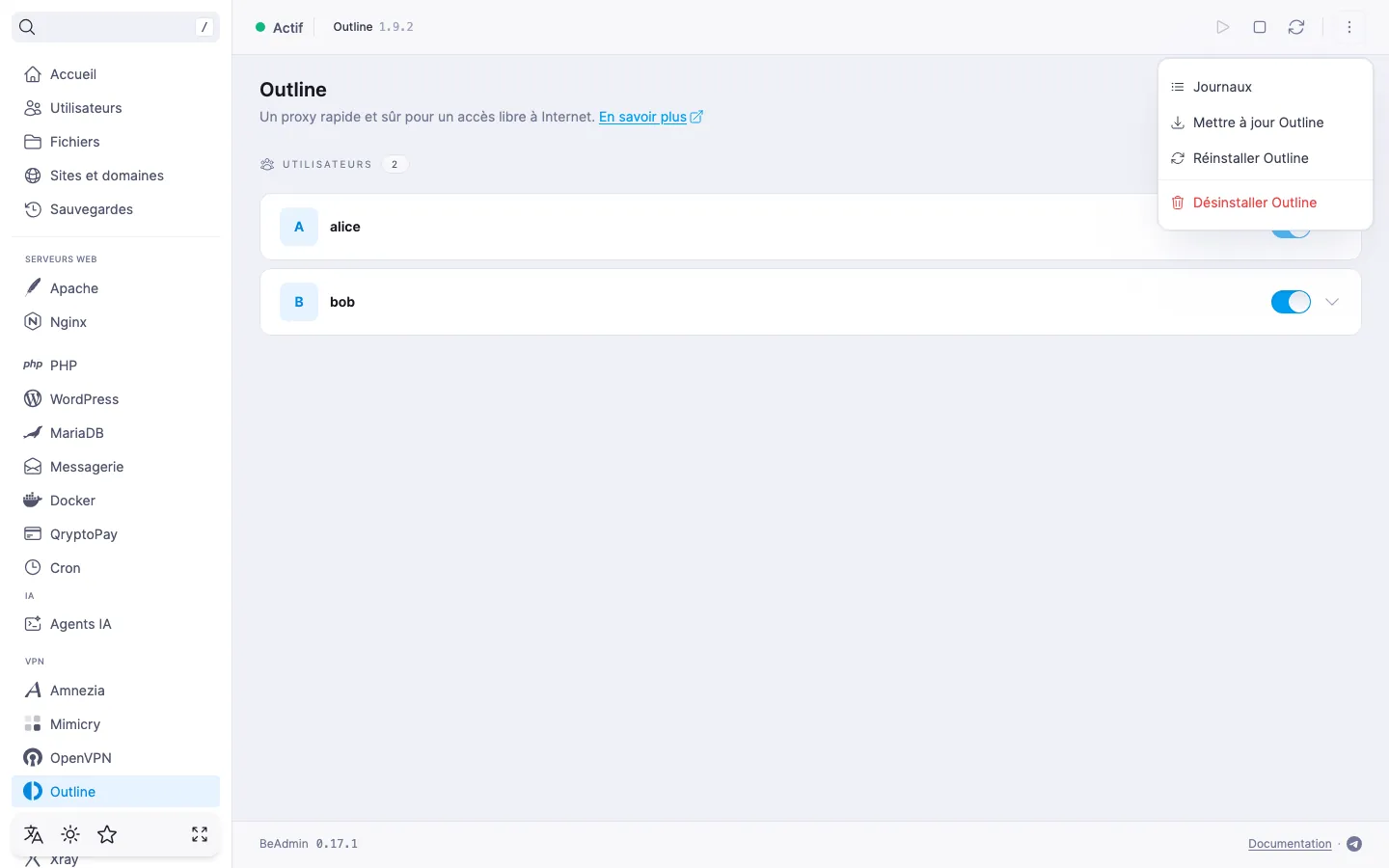 Menu d’actions du module Outline déplié, avec les entrées « Journaux », « Mettre à jour Outline », « Réinstaller Outline » et « Désinstaller Outline »