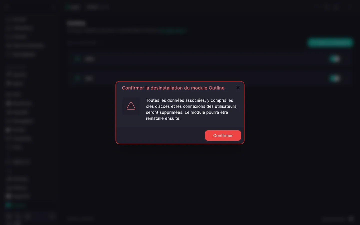 Boîte de dialogue de confirmation de la désinstallation du module Outline, avec un avertissement et le bouton « Confirmer »
