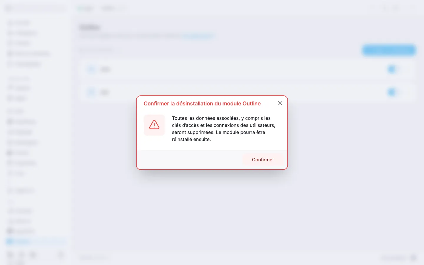Boîte de dialogue de confirmation de la désinstallation du module Outline, avec un avertissement et le bouton « Confirmer »