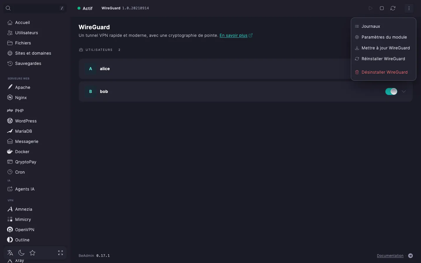 Menu d’actions déplié du module WireGuard avec les entrées « Journaux », « Paramètres du module », « Mettre à jour WireGuard », « Réinstaller WireGuard » et « Désinstaller WireGuard »