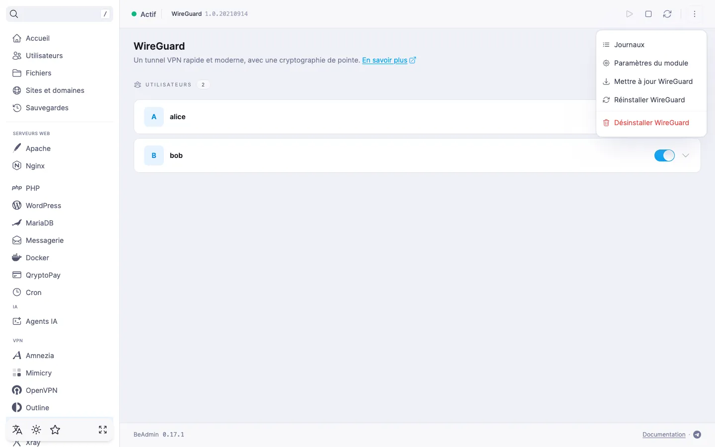 Menu d’actions déplié du module WireGuard avec les entrées « Journaux », « Paramètres du module », « Mettre à jour WireGuard », « Réinstaller WireGuard » et « Désinstaller WireGuard »