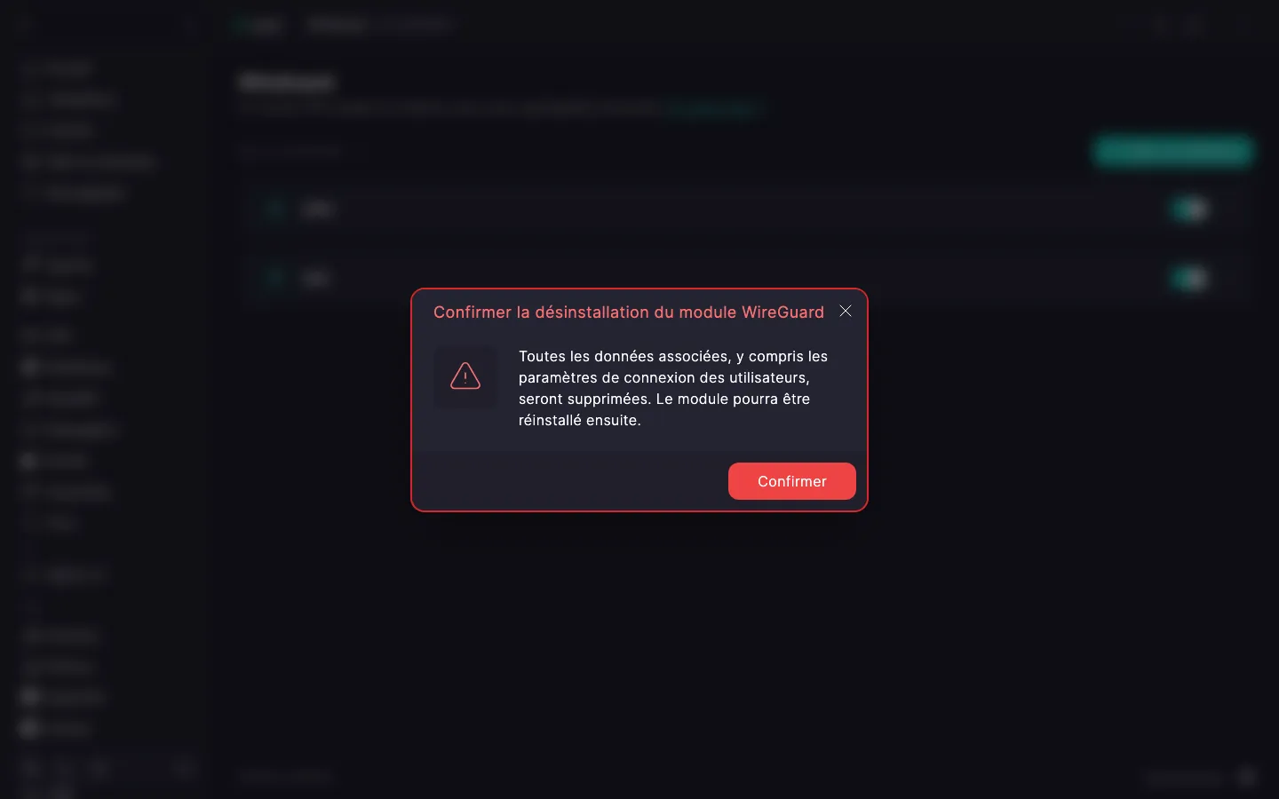 Boîte de dialogue de confirmation de la désinstallation du module WireGuard, avec un avertissement et le bouton « Confirmer »