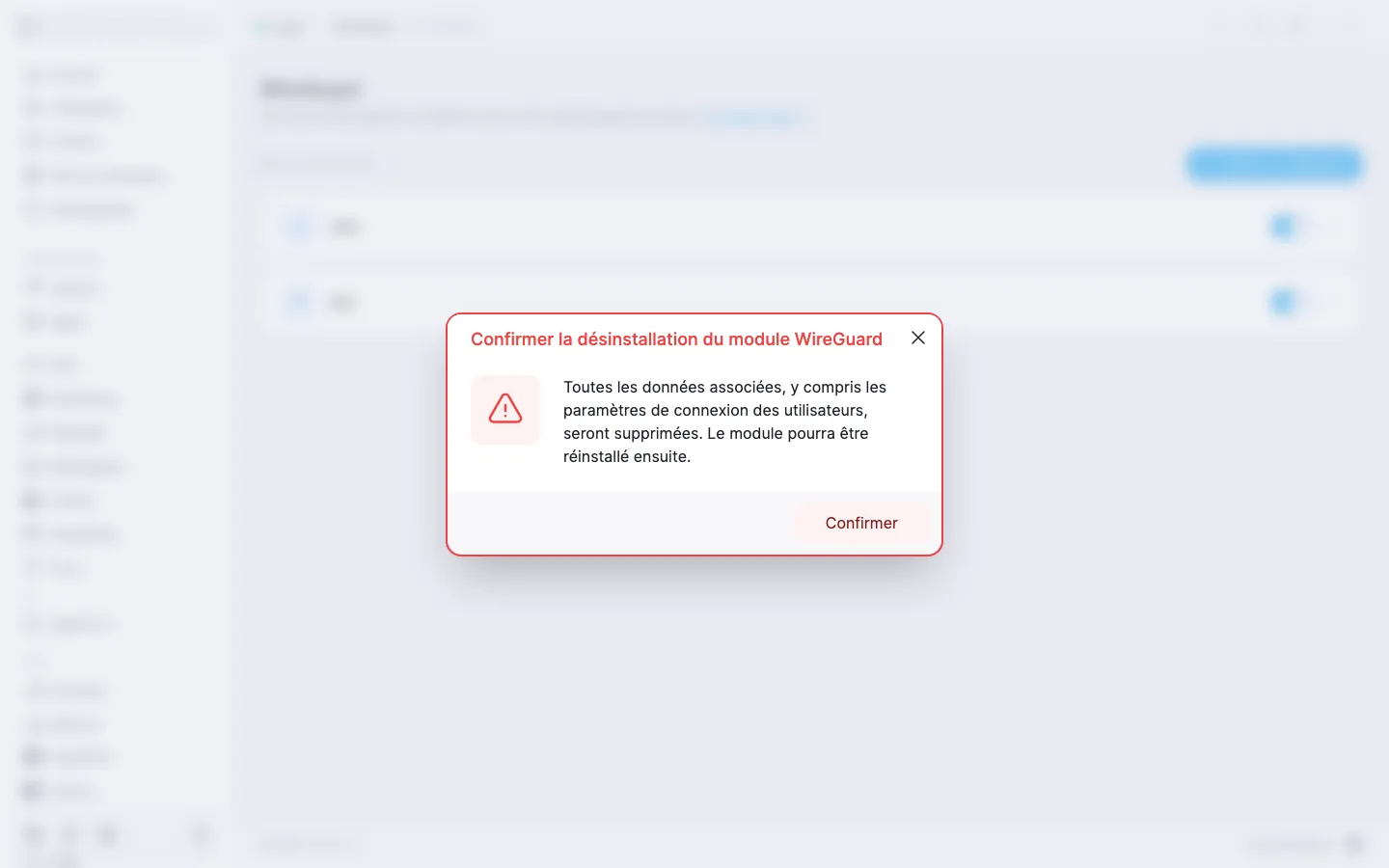 Boîte de dialogue de confirmation de la désinstallation du module WireGuard, avec un avertissement et le bouton « Confirmer »
