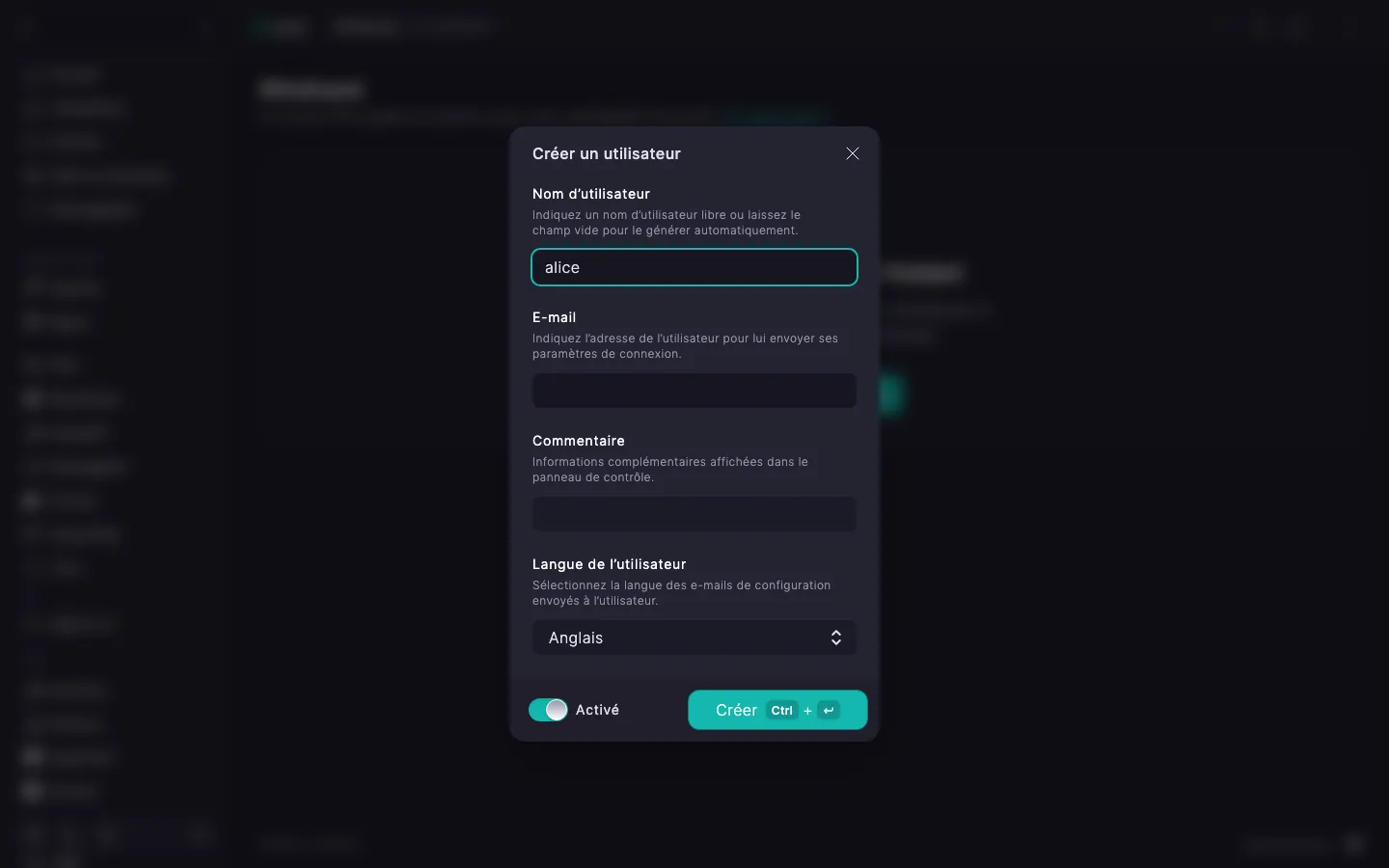 Boîte de dialogue de création d’un utilisateur WireGuard avec les champs « Nom d’utilisateur », « E-mail », « Commentaire », « Langue de l’utilisateur » et le commutateur « Activé »