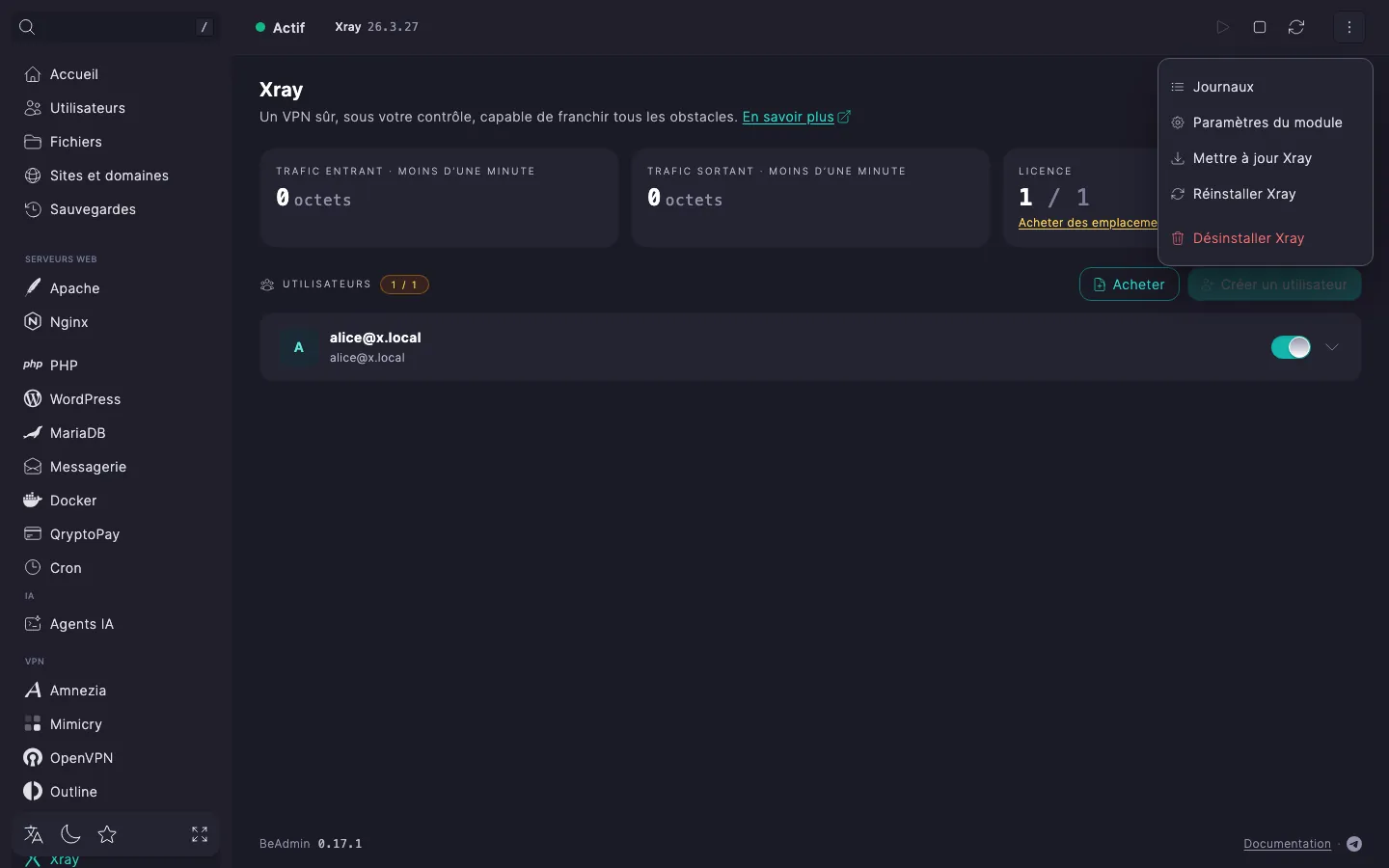 Menu d’actions déplié du module Xray avec les entrées « Journaux », « Paramètres du module », « Mettre à jour Xray », « Réinstaller Xray » et « Désinstaller Xray »