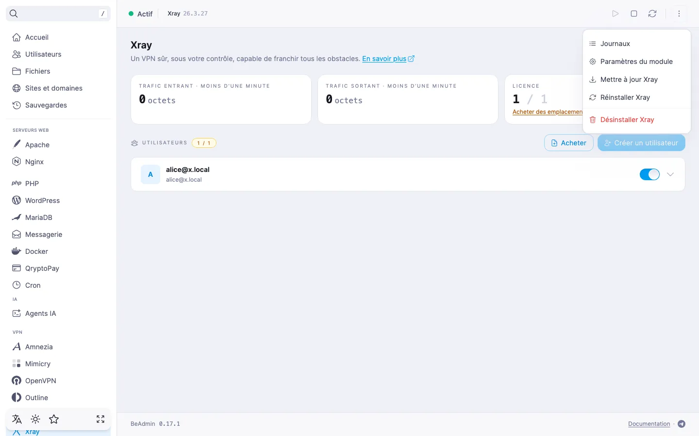 Menu d’actions déplié du module Xray avec les entrées « Journaux », « Paramètres du module », « Mettre à jour Xray », « Réinstaller Xray » et « Désinstaller Xray »