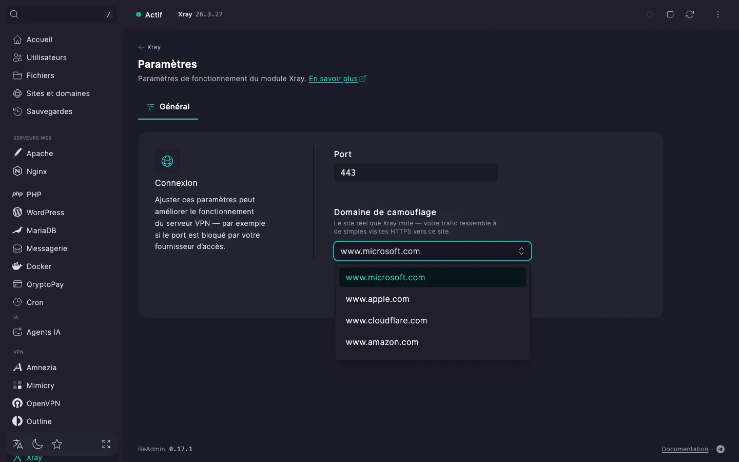 Groupe « Connexion » de la page « Général » du module Xray : champ « Port » et champ « Domaine de camouflage » avec la liste des domaines proposés ouverte