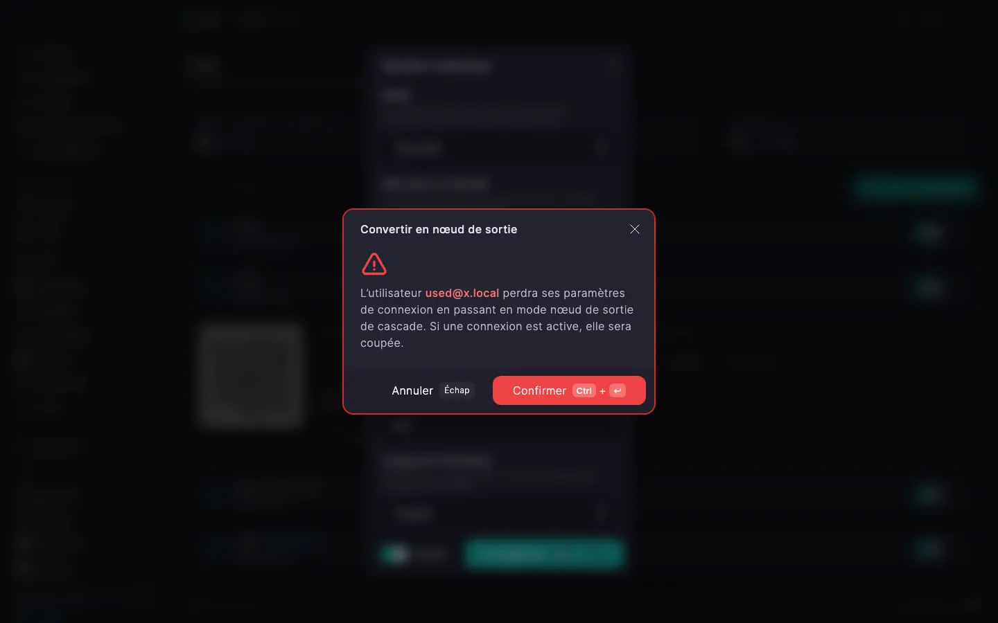 Boîte de dialogue « Convertir en nœud de sortie » : avertissement indiquant que l’utilisateur perd sa configuration de connexion propre et que les connexions actives seront coupées